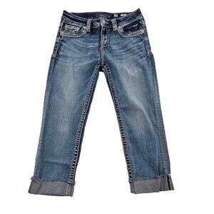 Miss Me Women's Low Rise Cuffed Capri Embroidered Studded Pockets Size 28 EUC